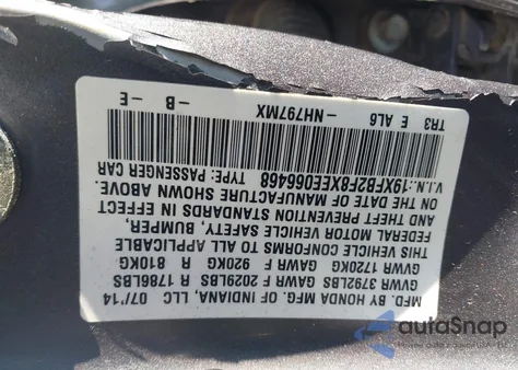 2014 Honda Civic Ex from USA, damaged, VIN 19XFB2F8XEE066468